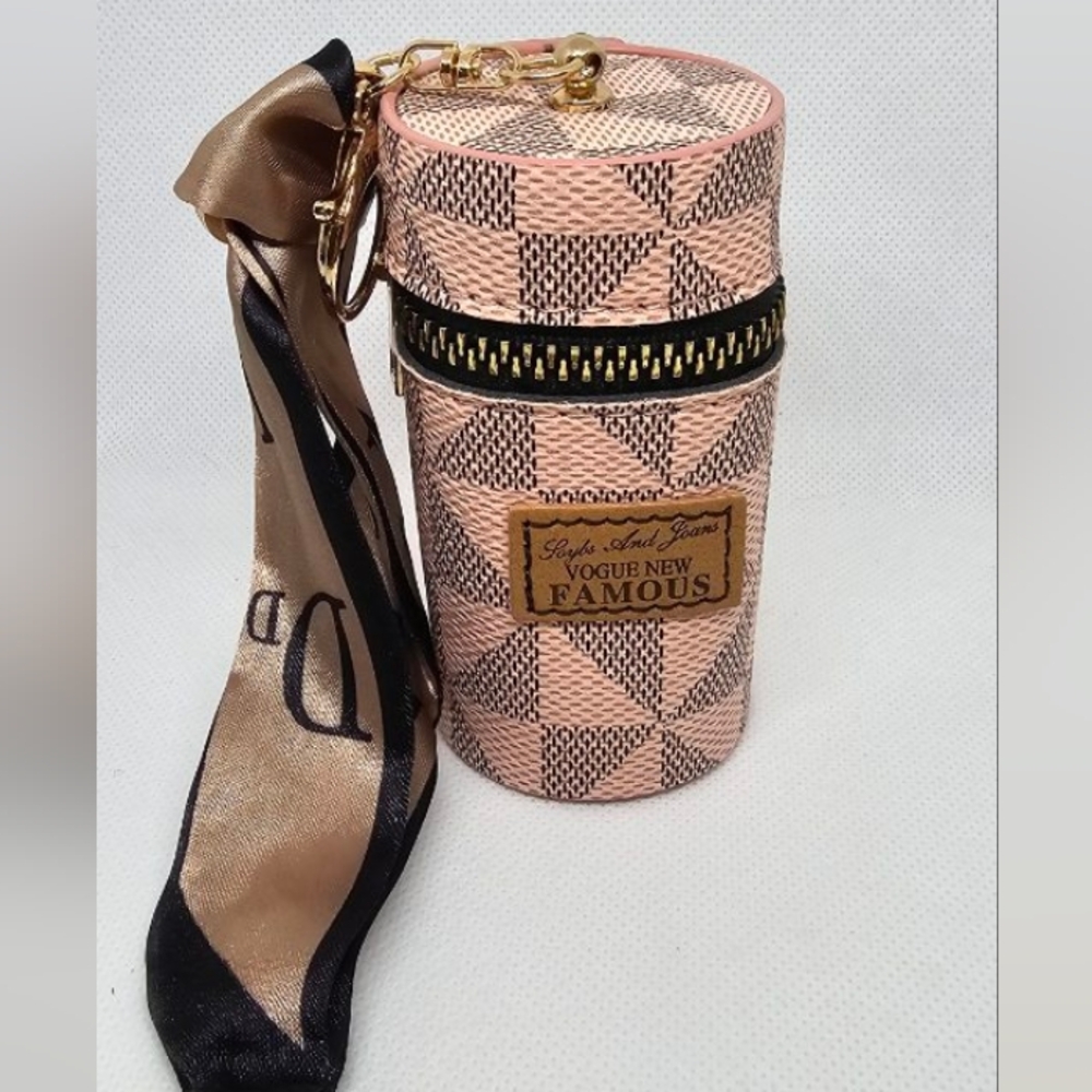 LEATHER PRINTED LIPSTICK HOLDER/ BAG CHARM WITH MINI TWILLY - Picture 1 of 2